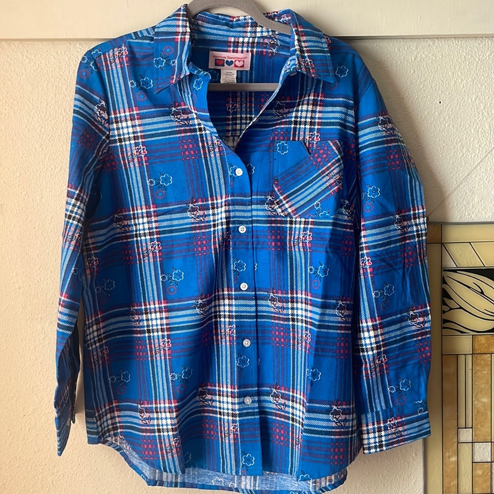 Vintage American Sweetheart blue floral plaid long sleeve button down blouse